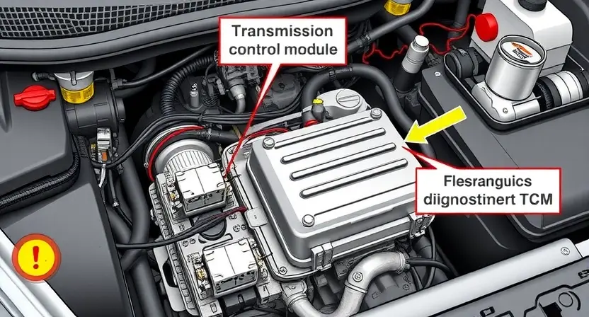 A detailed illustration of a car's engine bay, focusing on the transmission control module (TCM) and related wiring. The TCM should be clearly visible, with diagnostic connectors highlighted. Include visual cues representing the P0721 error code, such as a flashing light or a warning symbol near the TCM.