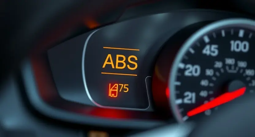 A close-up of a car's dashboard with the ABS warning light illuminated. The background should be slightly blurred, focusing attention on the warning light. The car interior should be clean and modern.