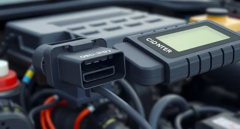 A close-up, detailed illustration of a car's OBD-II port with a diagnostic tool connected. The background shows a blurred view of a car's engine bay. Focus on the connection between the tool and the port, highlighting the wires and connectors. The overall image should convey a sense of technical inspection and troubleshooting.