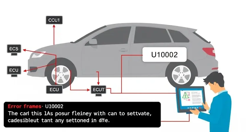 An illustration of a car's CAN bus network with a diagnostic tool displaying an error frame, showing the U0002 error conceptually, with schematic lines connecting ECUs, a highlighted error frame, and a technician analyzing the data, all in a technical, clean style, no text or numbers