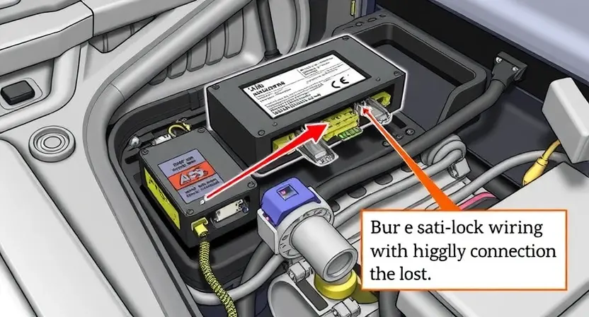 A detailed illustration of a car's ABS (Anti-lock Braking System) control module with visible wiring connections, highlighting the points where the connection might be lost. The image should show the control module, wiring harness, and potential areas of damage or wear that could cause a loss of communication, such as corroded connectors or broken wires. The background should be a generic car interior or engine bay to provide context.