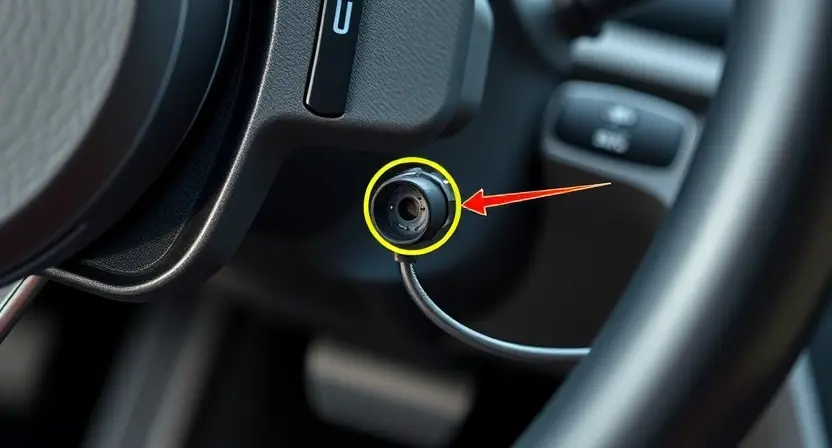 A close-up of a car's steering column with a highlighted angle sensor. The sensor should be clearly visible, and the surrounding components should be realistically rendered. Focus on the sensor's connection point and wiring.