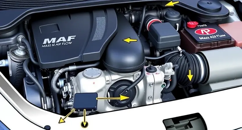 A detailed illustration of a car's engine bay, focusing on the Mass Air Flow (MAF) sensor and its connection to the engine control unit (ECU). The MAF sensor should be clearly visible, with arrows indicating airflow direction. The surrounding engine components should be realistically rendered, but not overly detailed. The overall lighting should be bright and clean, highlighting the sensor's position and importance.