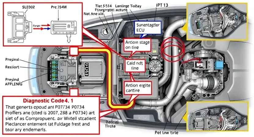 A detailed illustration of a car's engine control unit (ECU) with wiring diagrams and diagnostic codes highlighted. Focus on the P0734 code and its associated components.