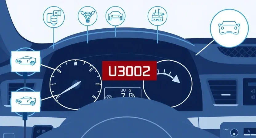 A technical illustration showing a car dashboard with a glowing error code U3002 displayed on the screen, surrounded by subtle icons representing engine sensors, wiring harnesses, and a diagnostic tool connected to the OBD-II port, all in a clean, modern automotive tech style with soft blue and gray tones