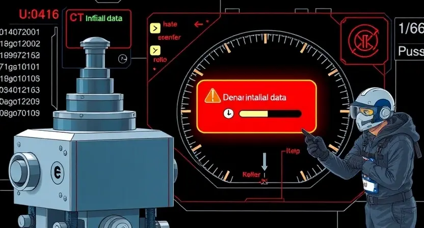 A high-quality technical illustration showing a dynamic stabilizer block with a warning sign indicating an error U0416: invalid data, featuring a digital dashboard with error codes, a malfunctioning sensor, and a technician analyzing data, clean lines, professional lighting, no text or numbers on the image