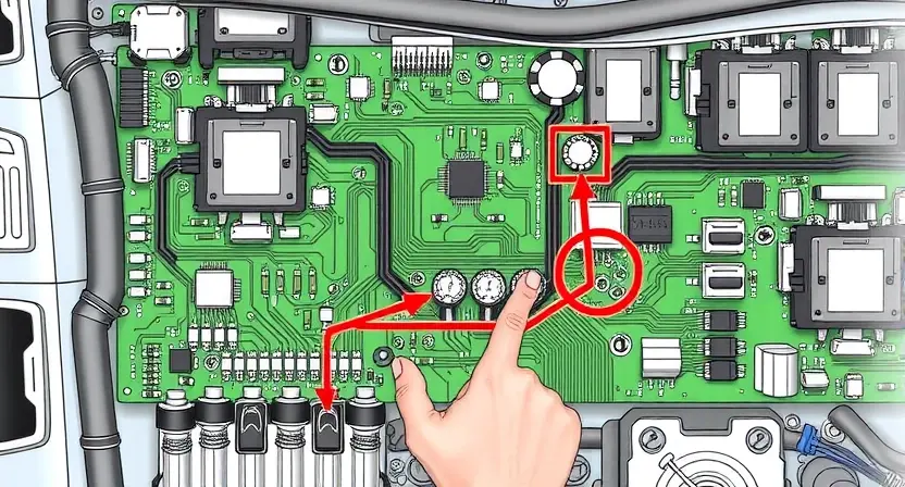 A detailed, technical illustration of an automotive ignition system circuit board. Focus on the wiring, connectors, and components related to the input signal. The image should clearly depict the potential points of failure for a P2533 error code.
