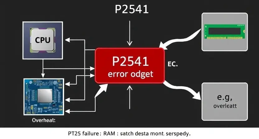 A detailed schematic diagram illustrating the P2541 error code, with visual representations of the affected components (e.g., a CPU, memory, motherboard) and potential causes (e.g., overheating, faulty RAM). Include arrows indicating data flow and potential failure points.