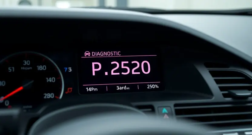 A close-up of a car's dashboard displaying a diagnostic screen with the error code "P2520" prominently shown. The background should subtly depict the interior of a car cabin, focusing on the instrument cluster and air conditioning controls. The overall lighting should be realistic and highlight the error code on the screen.