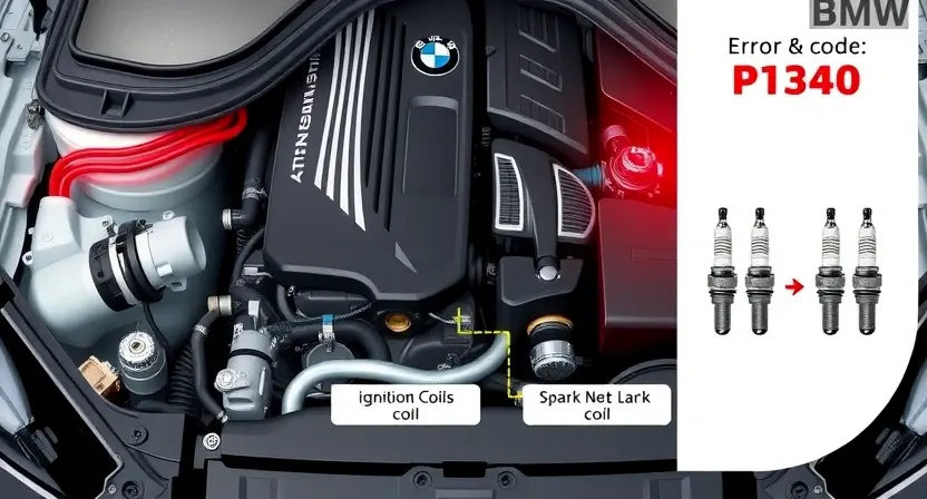 A high-quality technical illustration showing a BMW car engine with a glowing check engine light indicating error code P1340, focusing on the ignition system components like spark plugs and coils, with clear labels and diagrams of ignition coils and wiring, clean white background, professional automotive repair style