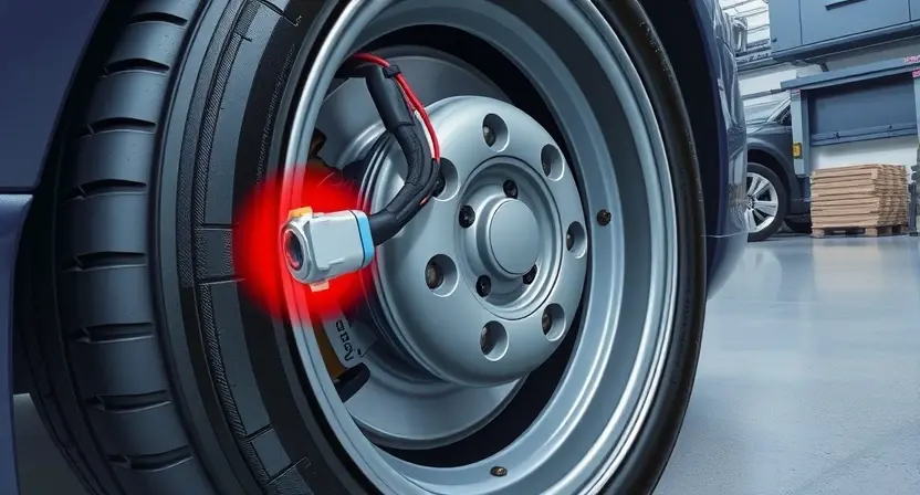 A realistic illustration of a car's front left wheel area focusing on the wheel speed sensor and its wiring, showing a broken or damaged wire with a subtle red warning glow around the sensor to indicate a fault, set against a detailed garage background