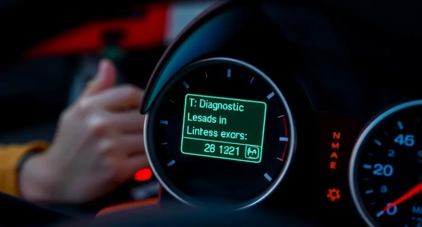 A close-up shot of a car's dashboard displaying a diagnostic error code, with a mechanic's hands subtly visible in the background, suggesting troubleshooting. Focus on the error code display and the overall automotive environment.