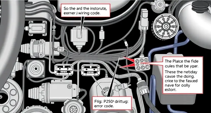 A detailed illustration of an automotive electrical system diagram, highlighting the P2500 error code and its associated components. The diagram should show wiring, sensors, and potential causes of the error. Focus on clarity and technical accuracy.