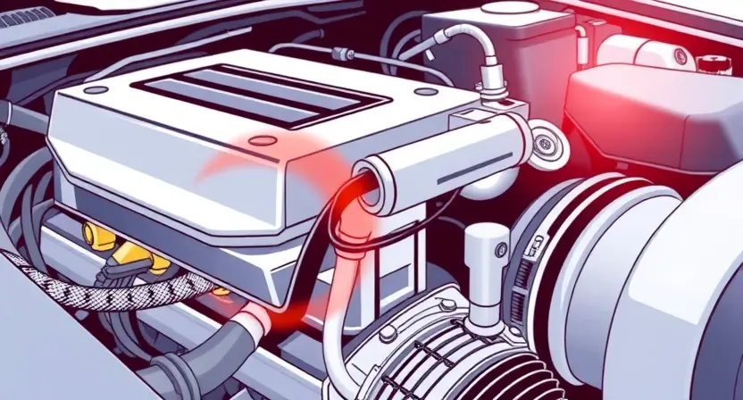 A close-up, detailed illustration of a car engine bay with a focus on the engine's oxygen sensor. The sensor should be clearly visible, with wires connected to it. The engine should appear clean and well-maintained. Subtle visual cues indicating a slight malfunction (e.g., a faint orange glow around the sensor, or a slightly out-of-focus background suggesting a problem) are acceptable. The overall lighting should be bright and professional, highlighting the engine components. Focus on the sensor