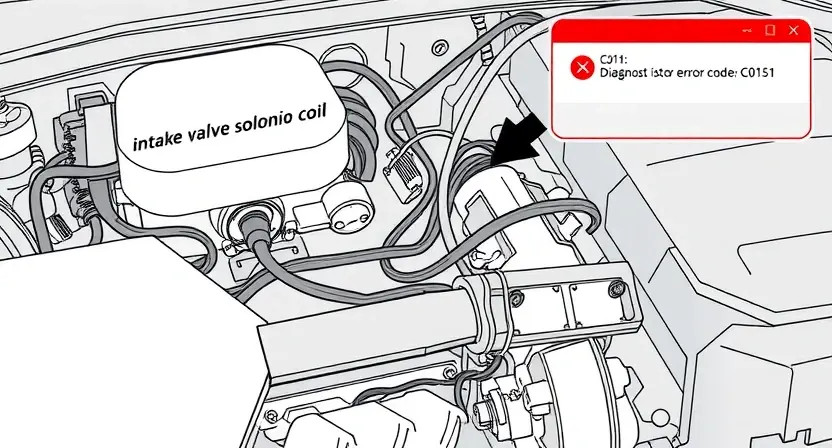 A high-quality technical illustration showing an automotive engine bay with the intake valve solenoid coil highlighted, wires connected to it, and a diagnostic error code C0151 displayed on a digital scanner screen, clean lines, detailed components, no text or numbers on the image, style: HQ-832-448-h