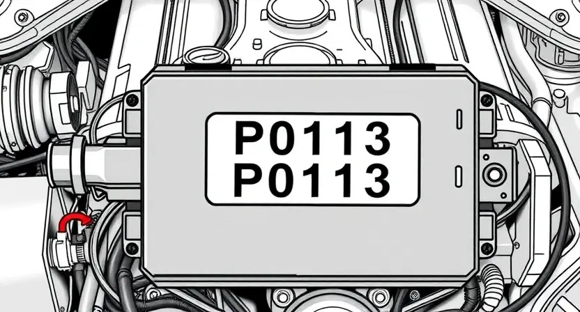 A detailed illustration of an engine control unit (ECU) displaying a P0113 error code. The ECU should be depicted with visible wiring and connections. The background should be a technical schematic of an automotive engine. Focus on clarity and accuracy in representing the components and error code display.