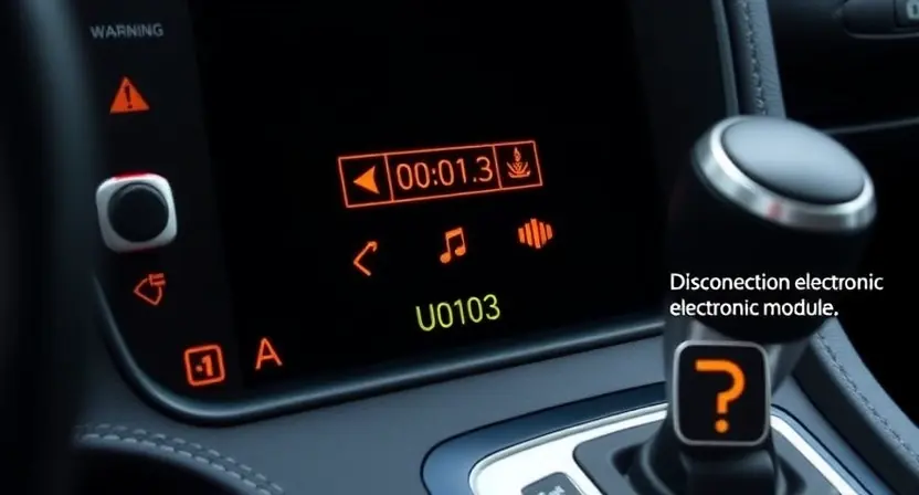 A car dashboard with a gear selector showing error U0103, warning lights illuminated, and a disconnected electronic module symbol near the gear shift, indicating loss of communication with the transmission selector electronic module