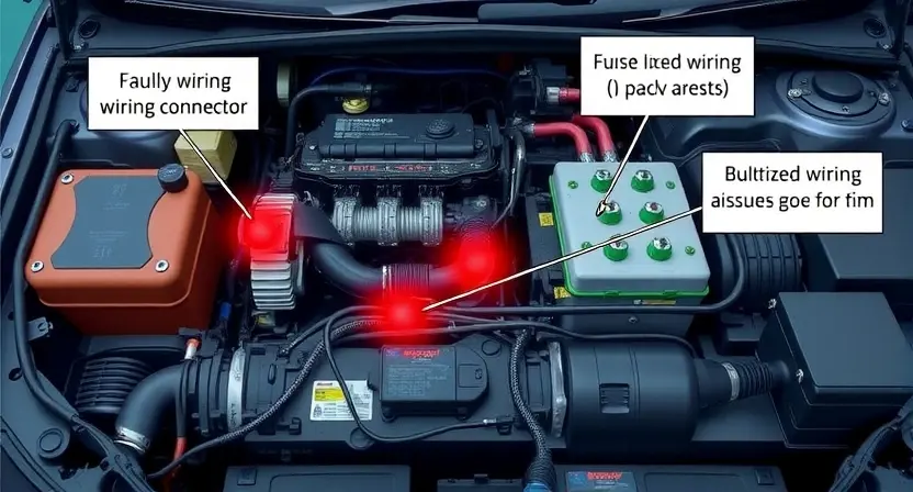 A detailed illustration of a car's electrical system with highlighted areas showing potential wiring issues and faulty connections. The image should depict a car engine bay with visible wires, connectors, and components such as the battery, alternator, and fuse box. The faulty areas should be marked with a red glow or other visual indicators to signify the problem spots.