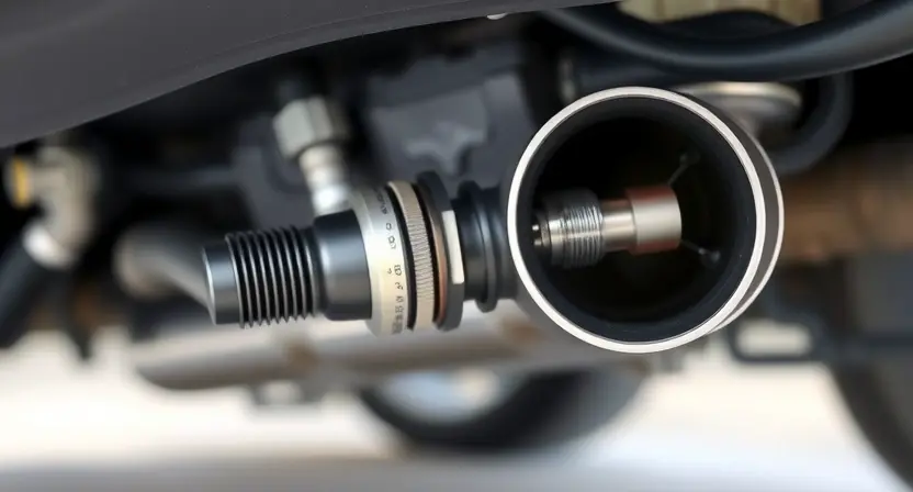 A close-up, detailed illustration of an automotive exhaust system with a focus on the oxygen sensor (lambda sensor). The sensor should be clearly visible, showing its components and connections. The background should depict a blurred engine compartment. Emphasize the sensor's role in monitoring exhaust gases.