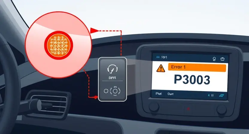 A technical illustration showing a car's diesel particulate filter (DPF) system with a warning light and error code P2003 displayed on a diagnostic screen, clean and professional visual style