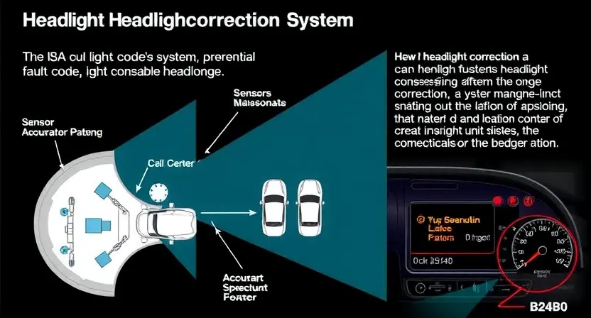 A detailed illustration of a car's headlight correction system, specifically highlighting the B24B0 fault code and its potential impact. Show a schematic diagram of the system with visual representations of the sensors, actuators, and control unit. Include a visual representation of the error message displayed on a car's dashboard.
