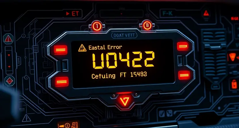 A futuristic vehicle control module with glowing indicators and digital displays showing error code U0422, surrounded by technical schematics and warning symbols, high detail, realistic lighting