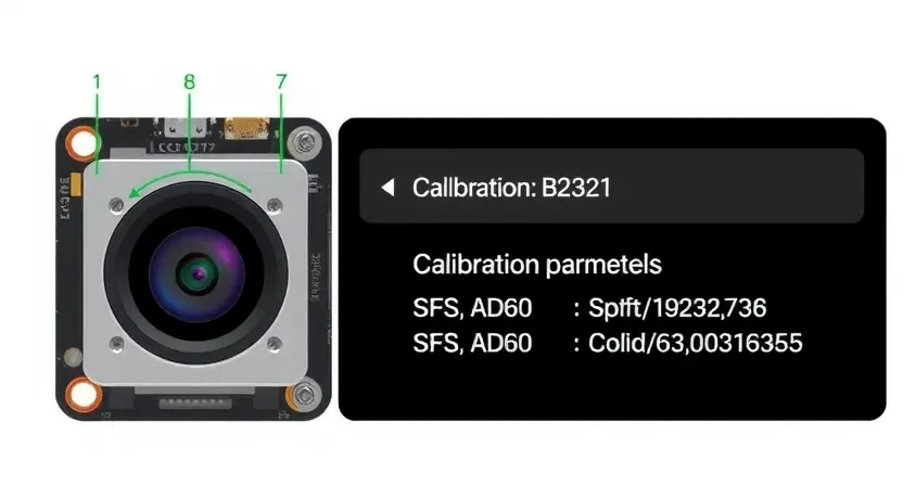 A high-quality technical illustration showing a front-facing camera module with calibration symbols, error code B2321 highlighted, and calibration parameters displayed on a diagnostic screen, clean white background, no text or numbers on the image
