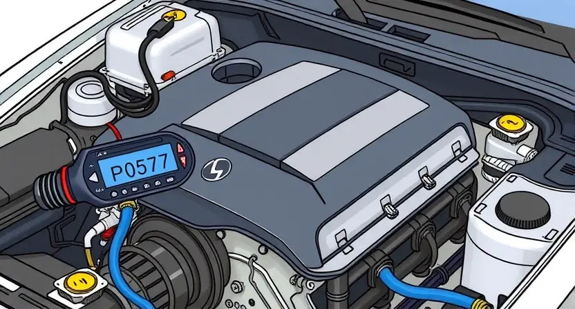 A detailed illustration of a car's engine bay with a diagnostic code reader displaying 'P0577'. The engine should be partially visible, showcasing various components like hoses, wires, and sensors. Focus on clarity and precision in representing the engine parts.