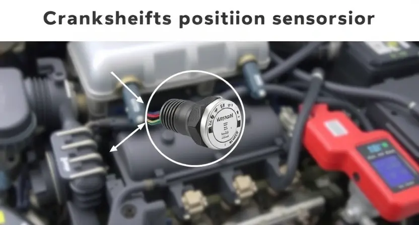 A detailed illustration of an engine bay with a focus on the crankshaft position sensor. Show the sensor, wiring harness, and associated diagnostic tools. The background should be slightly blurred to emphasize the sensor.