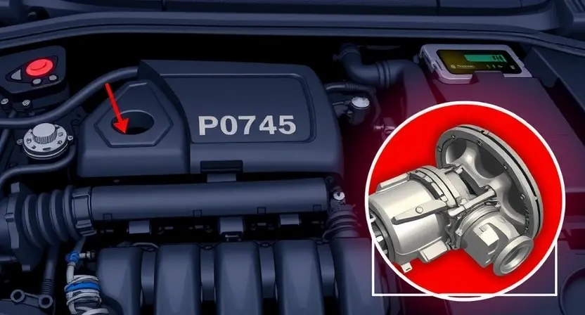 A detailed illustration of a car's engine bay with a check engine light illuminated. Focus on the diagnostic trouble code (P0745) displayed on a dashboard or diagnostic tool. Include visual cues representing the issue, such as a worn or damaged component related to the transmission or valve body.