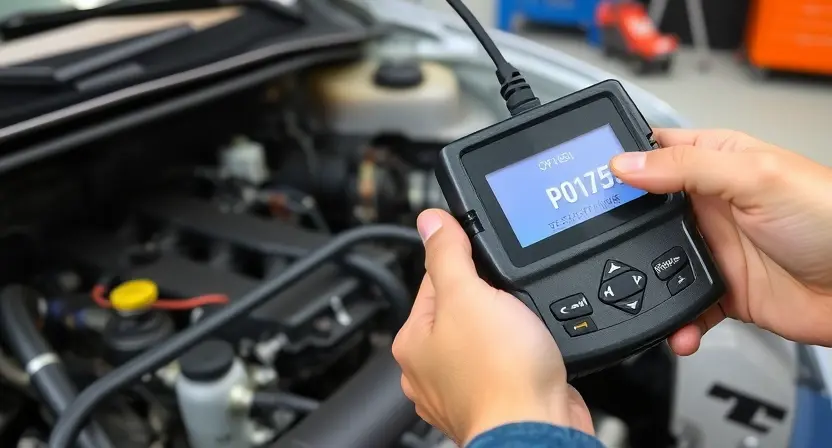 A detailed scene of a car engine bay with a diagnostic scanner connected to the OBD-II port and a thermometer measuring the engine temperature. The image should show a mechanic or technician using these tools to diagnose the P0125 error code, which is related to insufficient engine coolant temperature. The scene should include visible engine components such as the coolant system, thermostat, and temperature sensor. The setting should be a well-lit garage or workshop with appropriate tools and eq