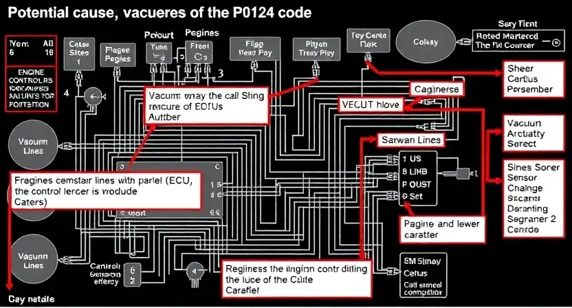 A detailed schematic diagram of an engine control unit (ECU) with highlighted areas representing potential causes of the P0124 code. Include visual representations of vacuum lines, sensors, and actuators.
