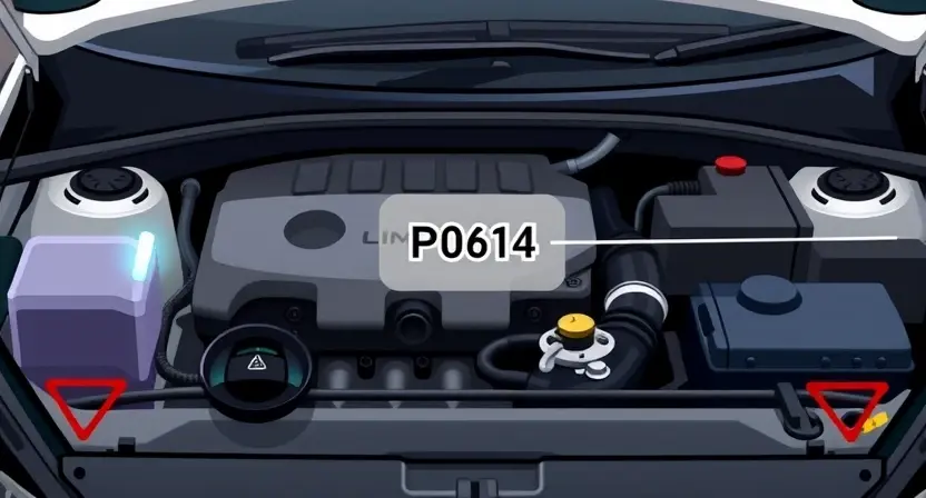 A detailed illustration of a car's engine bay, highlighting the P0614 error code indicator light. Focus on the dashboard and the diagnostic light.