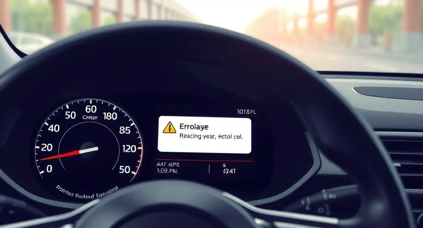 A close-up, detailed illustration of a car's dashboard with a prominent error message displayed on the instrument cluster. The error message should be clearly visible, but the specific text is not important. Focus on the dashboard's design and the visual representation of the error. The car interior should be clean and modern.