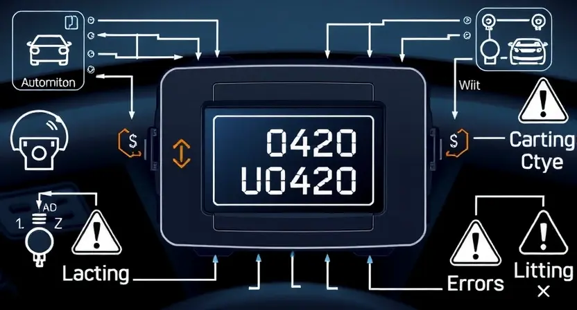 A high-quality technical illustration showing an automotive electronic control unit (ECU) with a highlighted error code U0420 displayed on a diagnostic screen, surrounded by circuit diagrams and warning symbols, clean and professional visual style