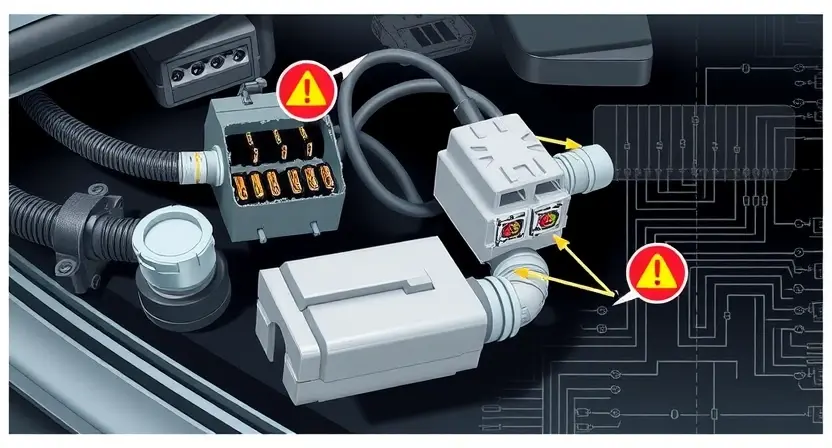 A detailed technical illustration of a car's glass breakage sensor circuit, showing wiring, connectors, and sensor components with visible damage such as frayed wires, corroded terminals, or a cracked sensor housing, set against a clean automotive engineering background with subtle circuit diagram overlays, emphasizing fault indicators like warning symbols or red highlights on the damaged areas