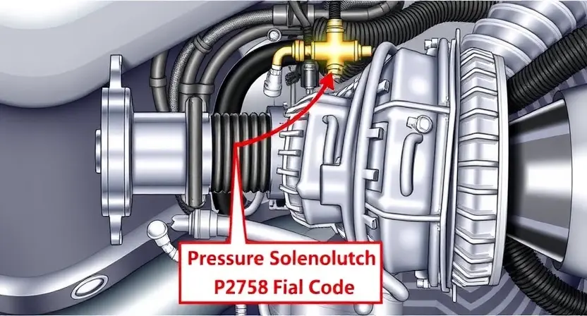 A detailed illustration of a car's transmission system, specifically highlighting the pressure solenoid and its connection to the clutch. The image should show the solenoid, hoses, and wiring, with a focus on the components related to the P2758 error code. The background should be a clean, technical environment.