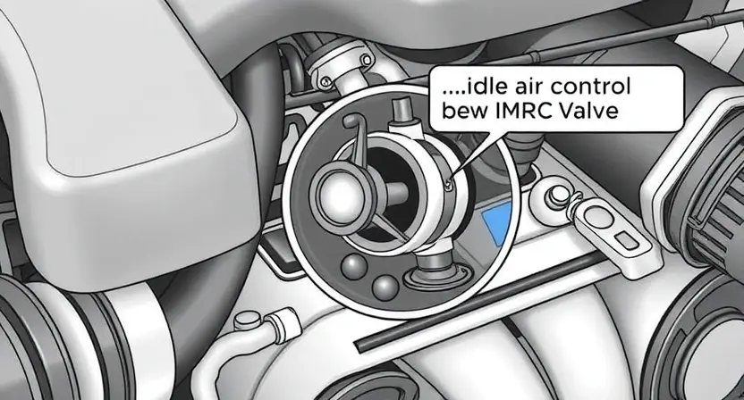 A detailed illustration of an engine's intake manifold with a close-up view of the idle air control (IMRC) valve. The IMRC valve should be clearly visible, showing its internal components and potential blockage. Focus on the valve's position within the intake system and its connection to the throttle body. The overall image should be clean and informative, highlighting the IMRC valve as the point of interest.