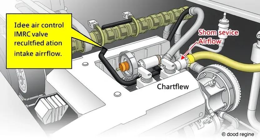 A detailed illustration of an engine's intake manifold with the idle air control (IMRC) valve clearly highlighted. Show the valve mechanism, its position within the manifold, and surrounding components like hoses and sensors. The image should emphasize the valve's role in regulating airflow.