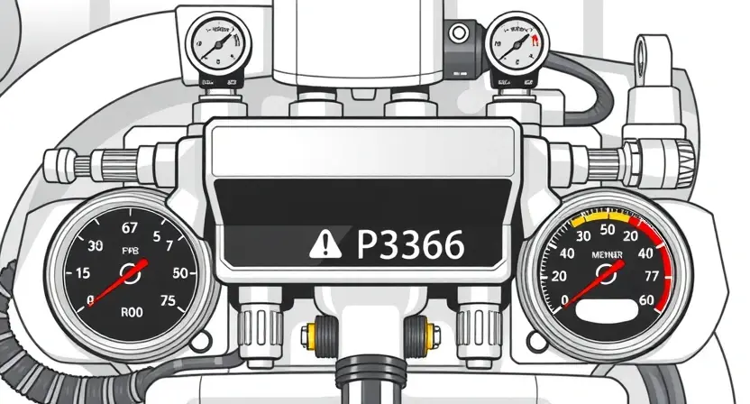 A high-pressure fuel rail in a gas injection system with a warning indicator showing error code P3366, surrounded by technical gauges and pressure readings, realistic technical illustration, clean background