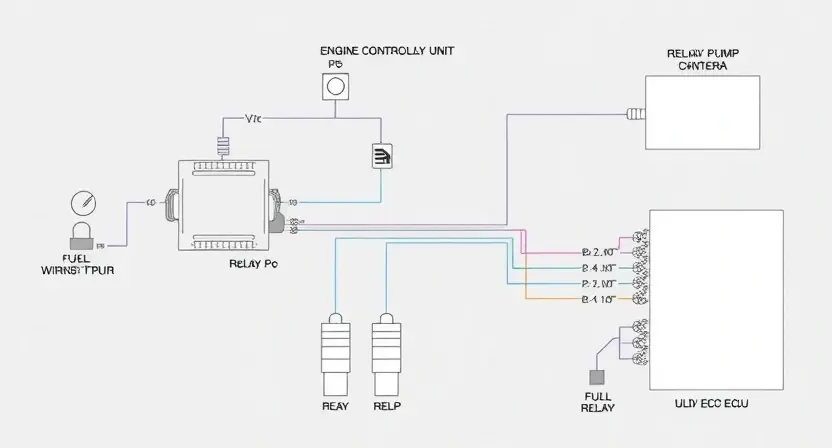 A detailed schematic diagram of a fuel pump relay control circuit in a vehicle. The diagram should clearly show the relay, wiring connections, sensors, and the engine control unit (ECU). Use standard electrical symbols. Focus on clarity and technical accuracy.