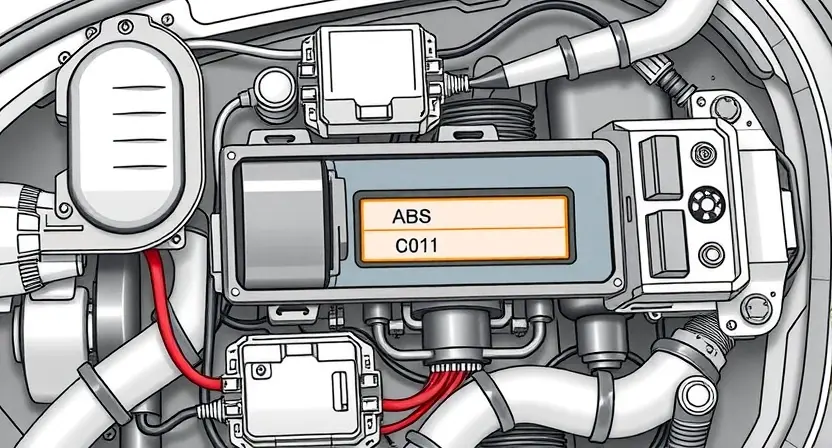 A detailed technical illustration of a car's ABS system showing electronic components and wiring, with a highlighted error code C0111 on a diagnostic screen, clean technical drawing style, high quality, no text or letters on the image