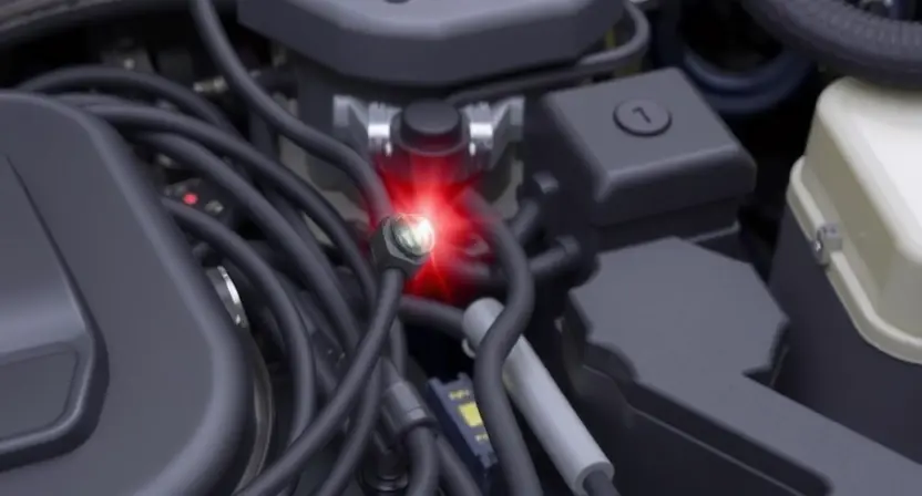 A detailed illustration of a car's engine bay, focusing on the temperature sensor and wiring. The sensor should be clearly visible, with wires connecting it to the engine control unit (ECU). Include visual cues indicating a high signal level, such as a bright, glowing indicator or a visual representation of an overloaded signal. The background should be slightly blurred to emphasize the sensor and wiring.