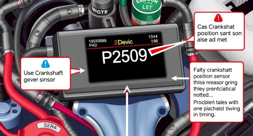 A detailed illustration of an automotive engine control unit (ECU) with various sensors and wiring. Focus on the diagnostic interface displaying error codes, specifically P2509. Include visual cues representing the potential causes of the error, such as a faulty crankshaft position sensor or a problem with the engine's timing.