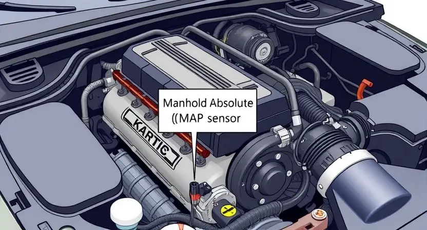 A close-up, detailed illustration of a car engine bay, focusing on the engine's components and wiring. Highlight the position of the Manifold Absolute Pressure (MAP) sensor. The image should convey a sense of technical precision and automotive mechanics.