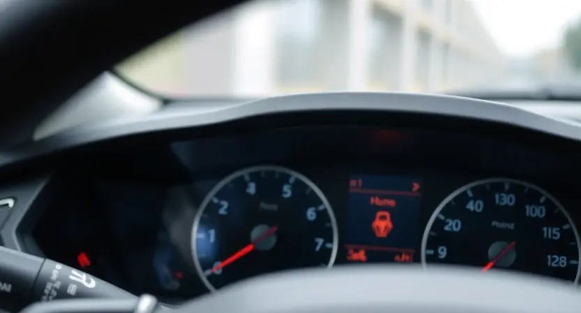 A close-up, detailed image of a car's dashboard displaying a warning light. The dashboard should be clean and modern, with a focus on the warning indicator. The background should be blurred, suggesting a car interior. The color palette should be realistic and muted, emphasizing the warning light's color (e.g., amber or red).