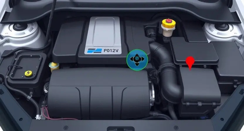 A detailed illustration of a car engine with a highlighted sensor related to the P0129 code (coolant temperature sensor circuit malfunction). The engine should be clean and well-lit, showcasing the sensor's location. Include subtle visual cues indicating a temperature reading issue, such as a slightly faded or distorted temperature gauge.
