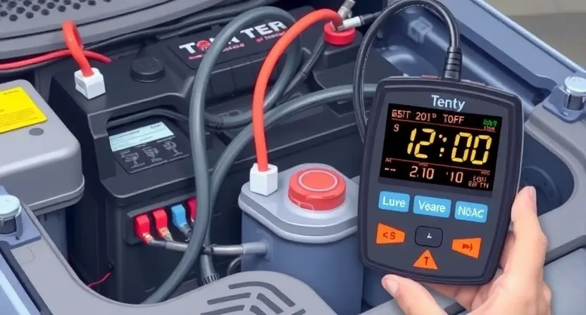 A detailed illustration of a car's electrical system with a diagnostic tool connected to the battery. Focus on the wiring harness and the voltage readings displayed on the tool's screen. The background should be a clean, technical environment.