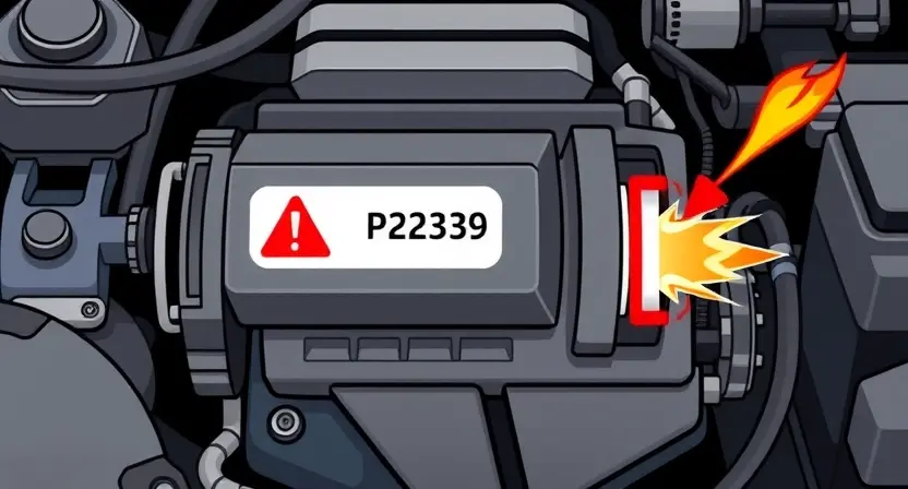 A high-quality technical illustration showing a car engine with cylinder 4 highlighted, displaying a warning sign or error code P2339, with visual cues of detonation such as flame or pressure wave in that cylinder, clean lines, technical diagram style, no text or numbers on the image