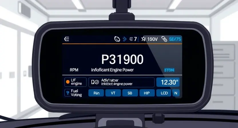 A detailed illustration of an engine diagnostic screen displaying the error code P3190 'Insufficient Engine Power'. The screen should show relevant engine parameters like RPM, fuel trim, and voltage. The background should be a clean, professional-looking workshop environment.